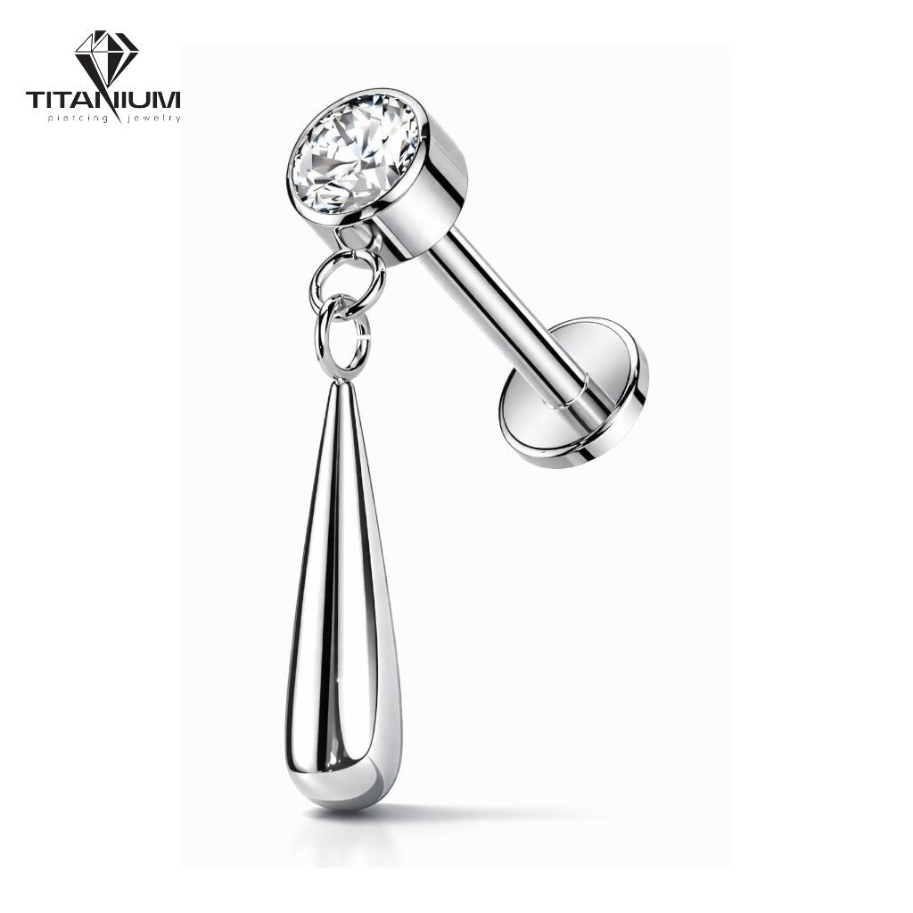 Kolczyk labret z białą cyrkonią oraz wiszącą łezką