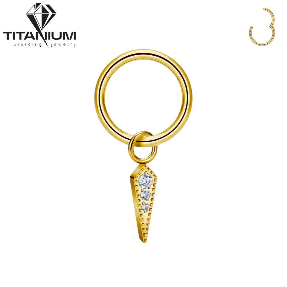 Kolczyk z tytanu ASTM F-136 – trzy cyrkonie w oprawie bezel z pierścieniem O‑Ring