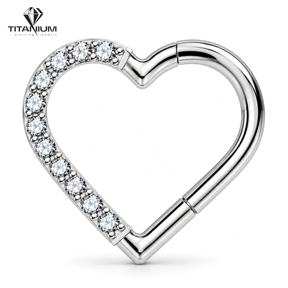Hjerteformet clicker-ørering med hvide cubic zirkonier, lukning i højre side