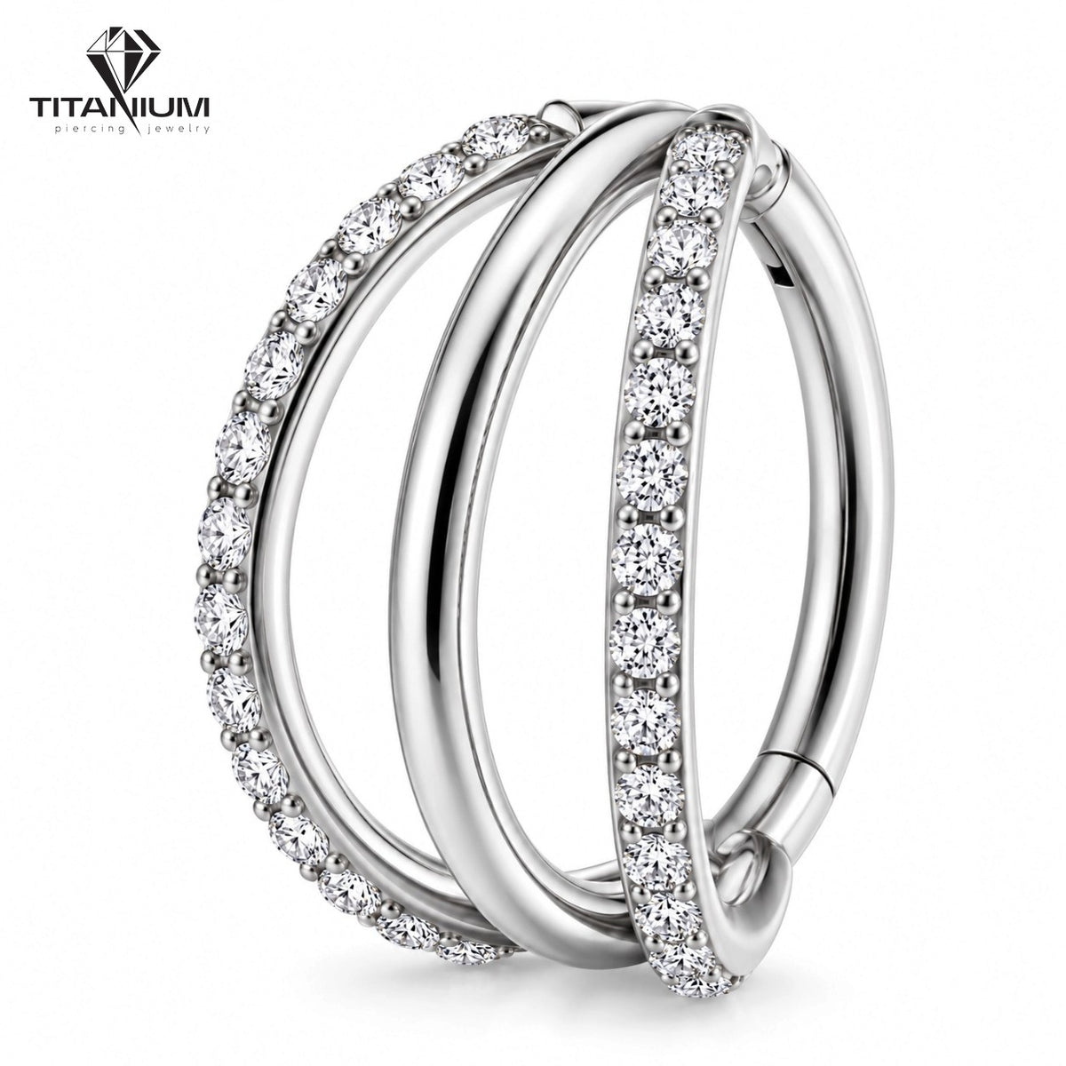 Titanium segmentring med tredobbelt viftemotiv og sidefront besat med zirkoniaer – ASTM F-136