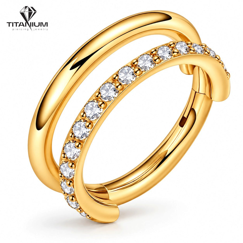 Double clicker hoop earring with white cubic zirconia stones