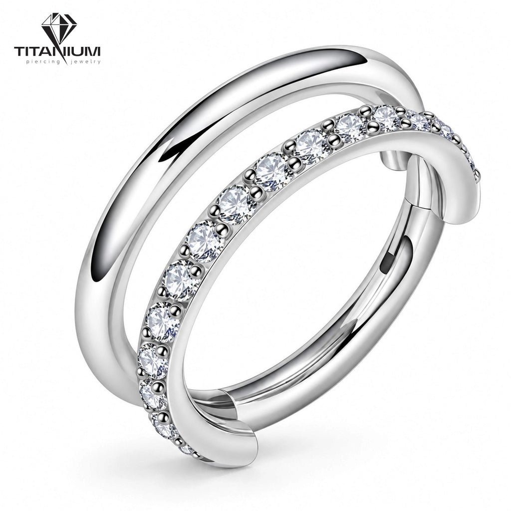 Double clicker hoop earring with white cubic zirconia stones