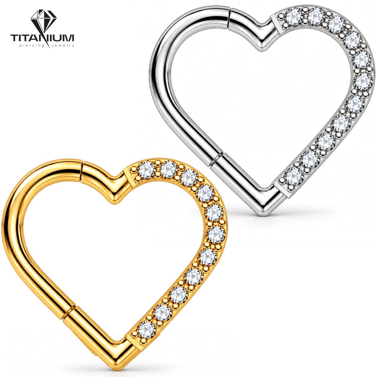 Hjerteformet clicker-ørering med hvide cubic zirkonier, lukning i venstre side