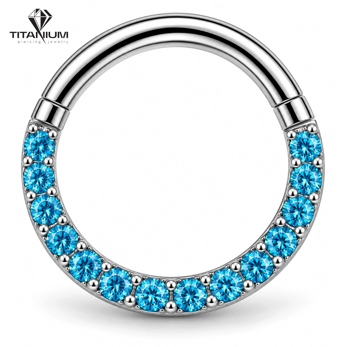 Clicker-Ringpiercing mit hellblauen Zirkoniasteinen an der Seite