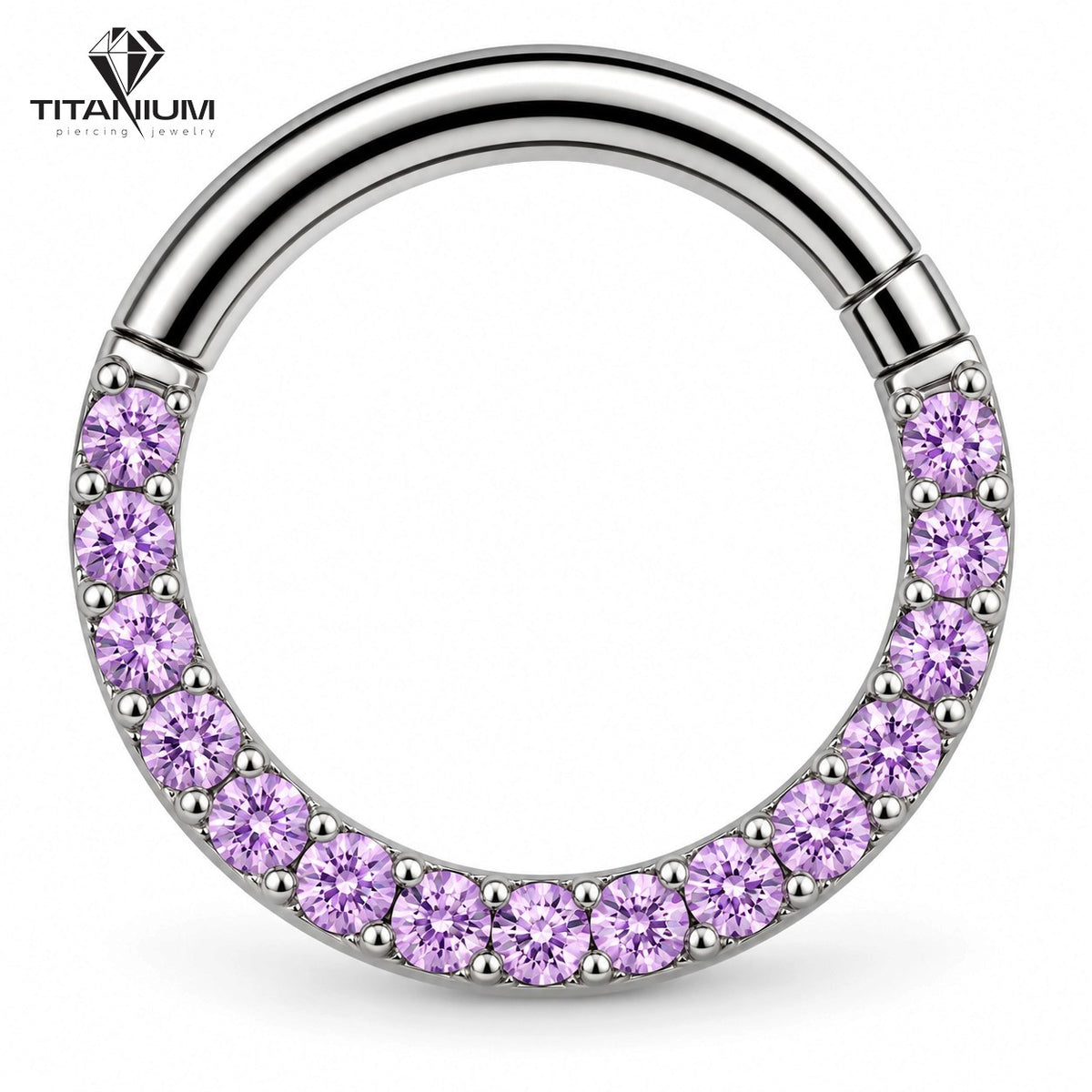 Clicker-Ringpiercing mit violetten Zirkoniasteinen an der Seite