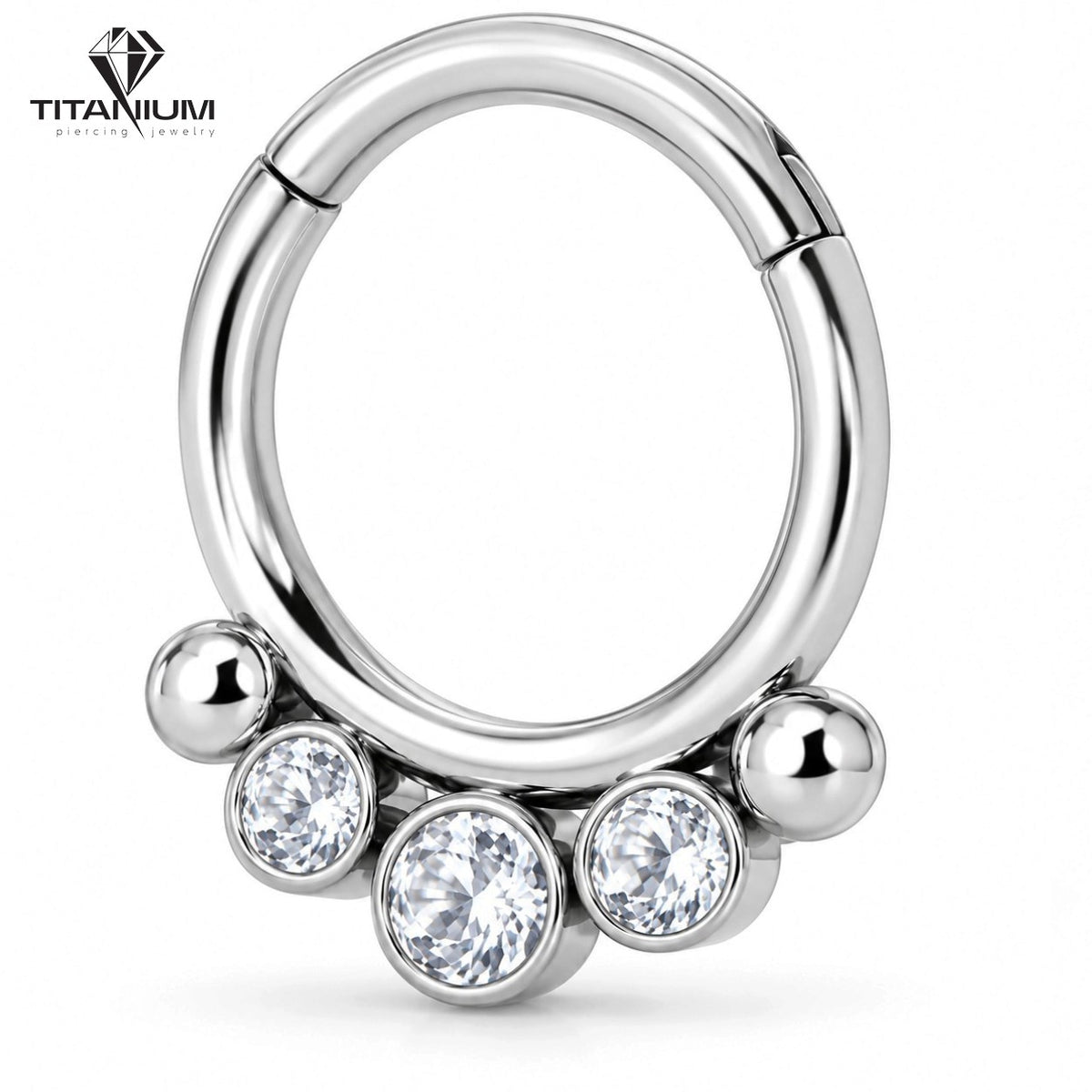 Clicker-Ringpiercing mit weißen Zirkoniasteinen und Kügelchen
