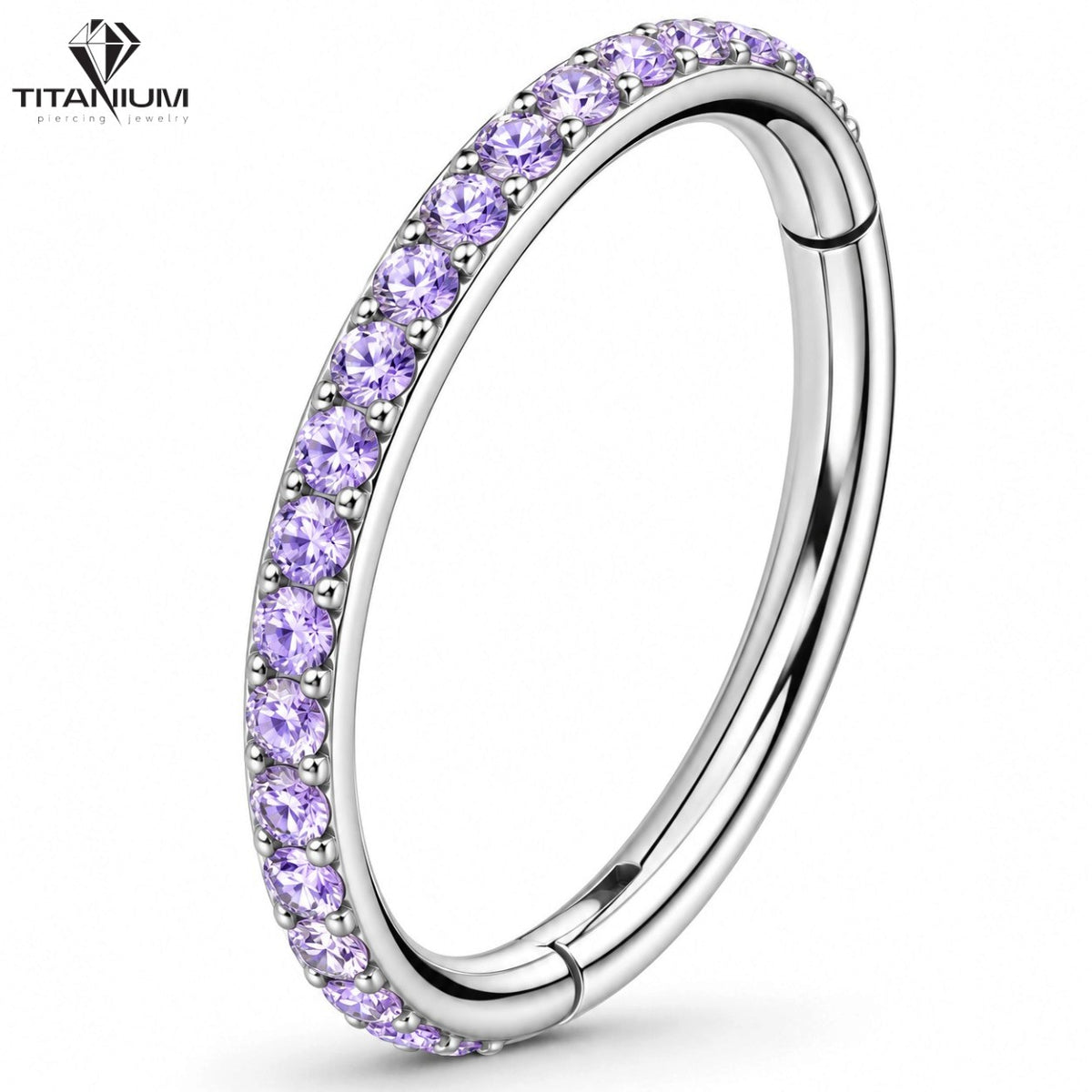 Clicker-Ringpiercing mit violetten Zirkoniasteinen auf der Vorderseite
