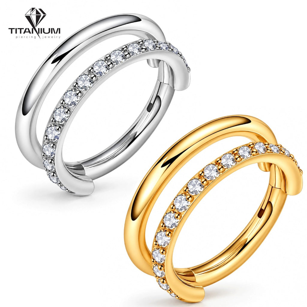 Double clicker hoop earring with white cubic zirconia stones