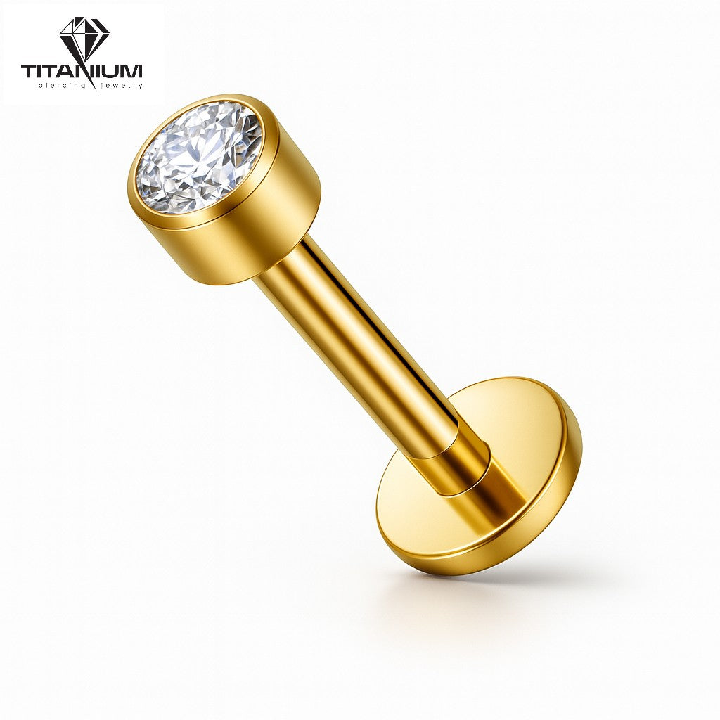Kolczyk labret z białą cyrkonią lub błękitnym opalem  w oprawie Bezel