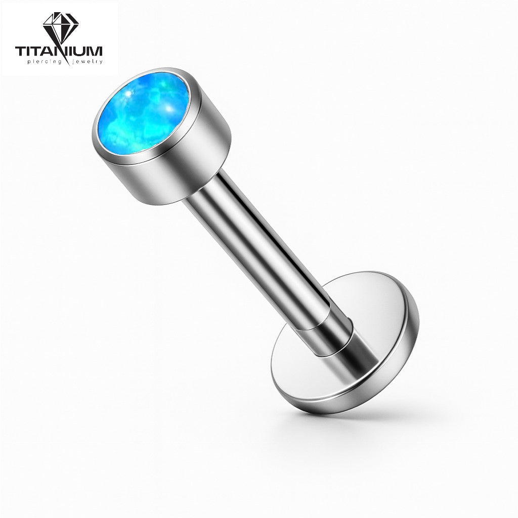 Kolczyk labret z białą cyrkonią lub błękitnym opalem  w oprawie Bezel